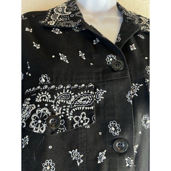 Quacker Factory Vintage Black Denim Jacket Bandanna Sequins Paisley Size Large - Picture 3 of 14